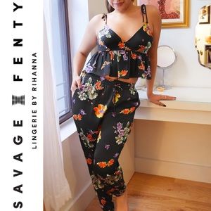 Savage X Fenty Black Floral Night Blooms Satin Sleep Pant